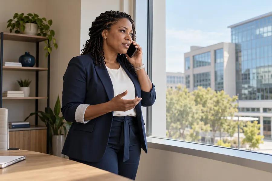 Business professional speaking by phone near a commercial office