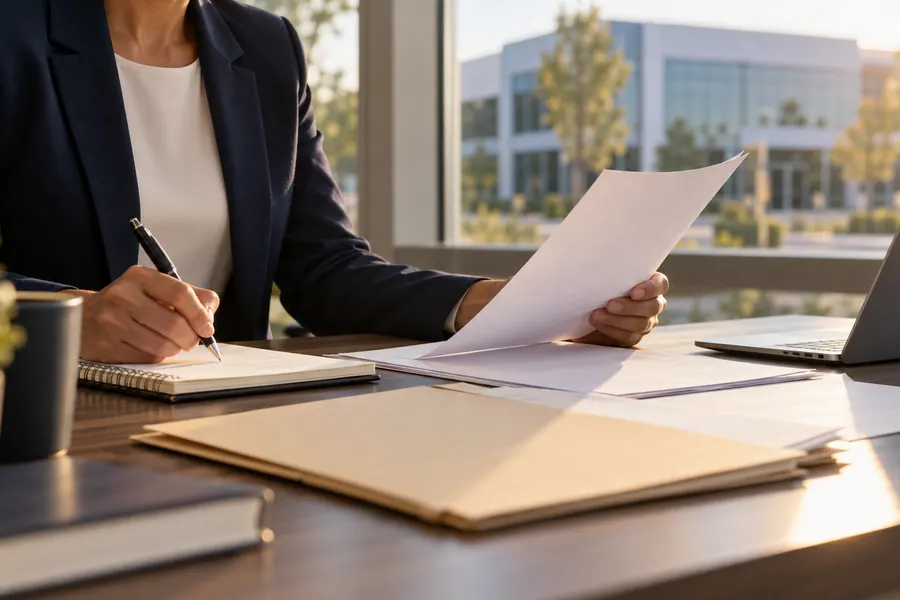 Business professional reviewing a previous proposal and follow-up notes